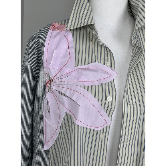 Tops - Reworked 100% Cotton Button Up Shirt Unique Lagenlook Pin Stripe Shirt